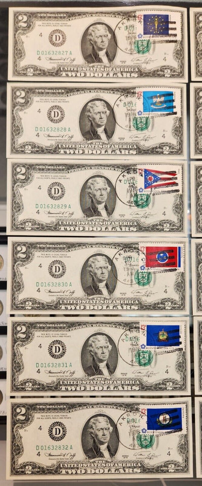 Lot of (24) Consecutive 1976 US 2 Dollars Bill First Day of Issue PO Stamped Akron OH Unc.