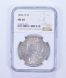 Certified Genuine - 1883-O Morgan Silver Dollar - Graded NGC MS60-Rare