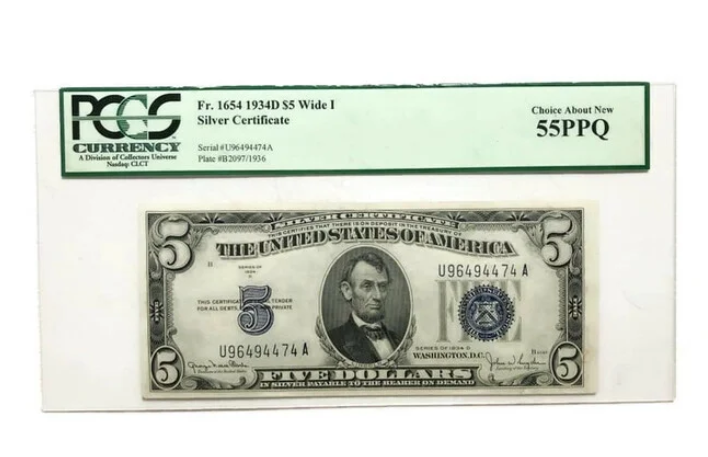 1934 D $5 SILVER CERTIFICATE BLUE SEAL CHOICE ABOUT NEW  PCGS 55PPQ