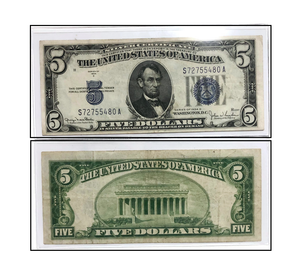 (1) GENUINE 1934-A,C or D  $5 SILVER CERTIFICATE BLUE SEAL Better Grade F/VF