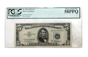 Certified 1953 A -Five Dollar Silver certificate Very fine PCGS Choice About New 58PPQ