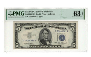 1953 A $5 SILVER CERTIFICATE NOTE FR.1656 DA BLOCK PMG CHOICE UNC 63 EPQ