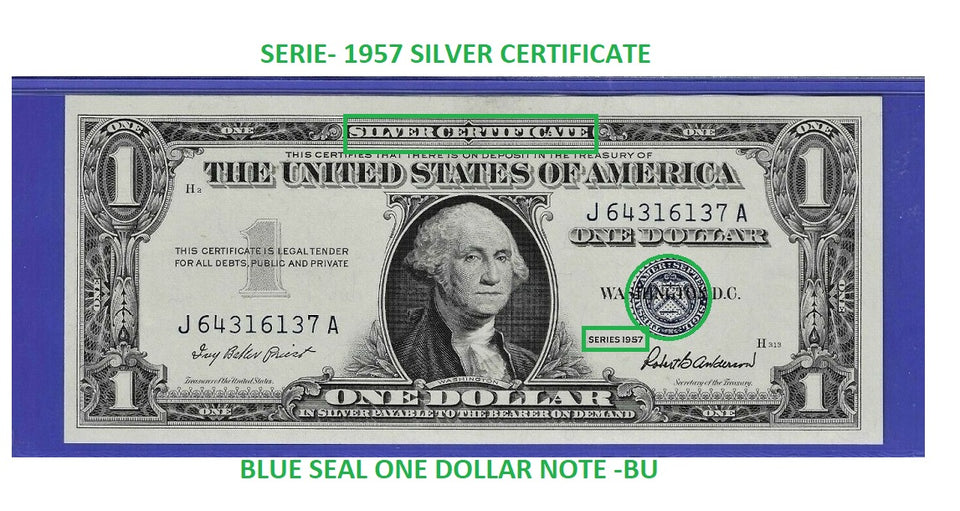 1- 1957-A,B Blue Seal Silver Certificate Brilliant Uncirculated (BU) Consecutive From Pack -Rare