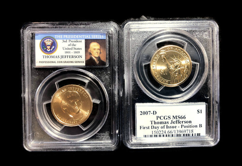 2007-P,D PCGS MS66 Thomas Jefferson Dollar 3rd President First Day of Issue Position A,B