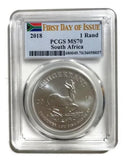 PCGS MS70 First Day 2018 South African Krugerrand Silver 1oz Coin 1 Rand Flag Ag