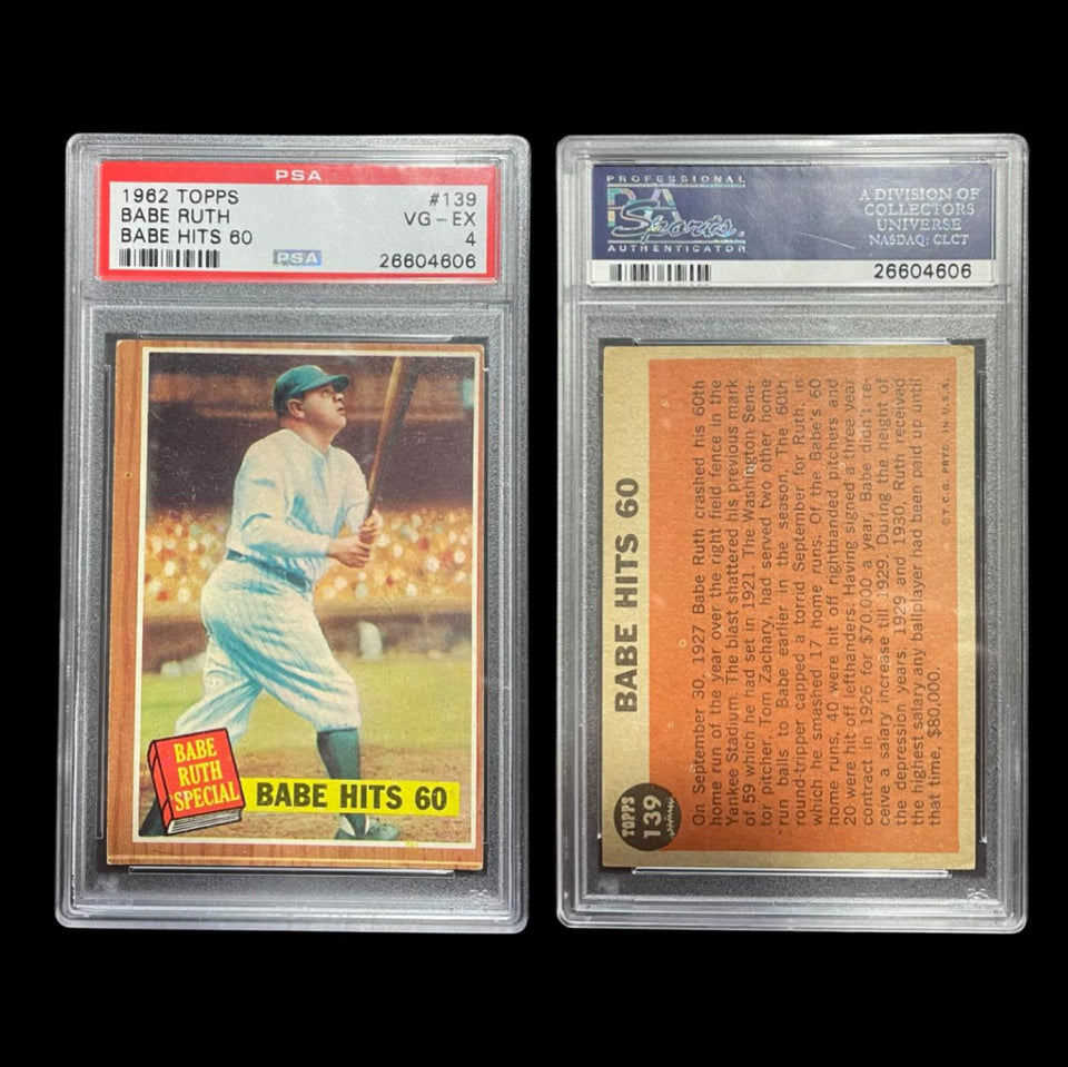 ORIGINAL 1962 TOPPS #139 BABE RUTH BABE HITS 60 PSA 4 SR26604606