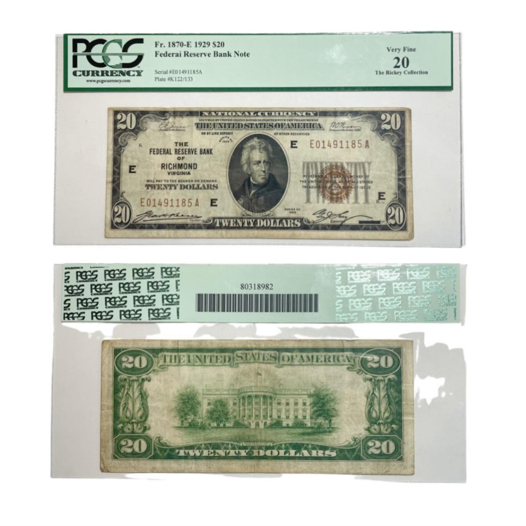 1929 $20 Brown Seal FR Bank Note National Currency Money Fr1870-F PCGS VF20-Rare