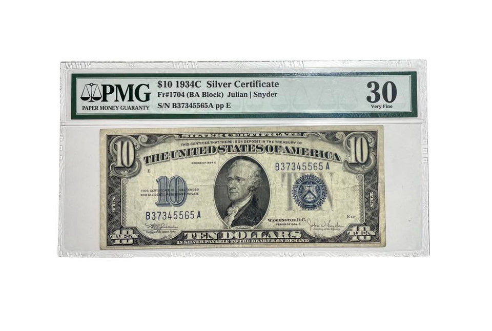 1934C (BA Block) Silver Certificate 10 Ten Dollar PMG VF30 Very Fine BLUE Seal S/N B37345565A