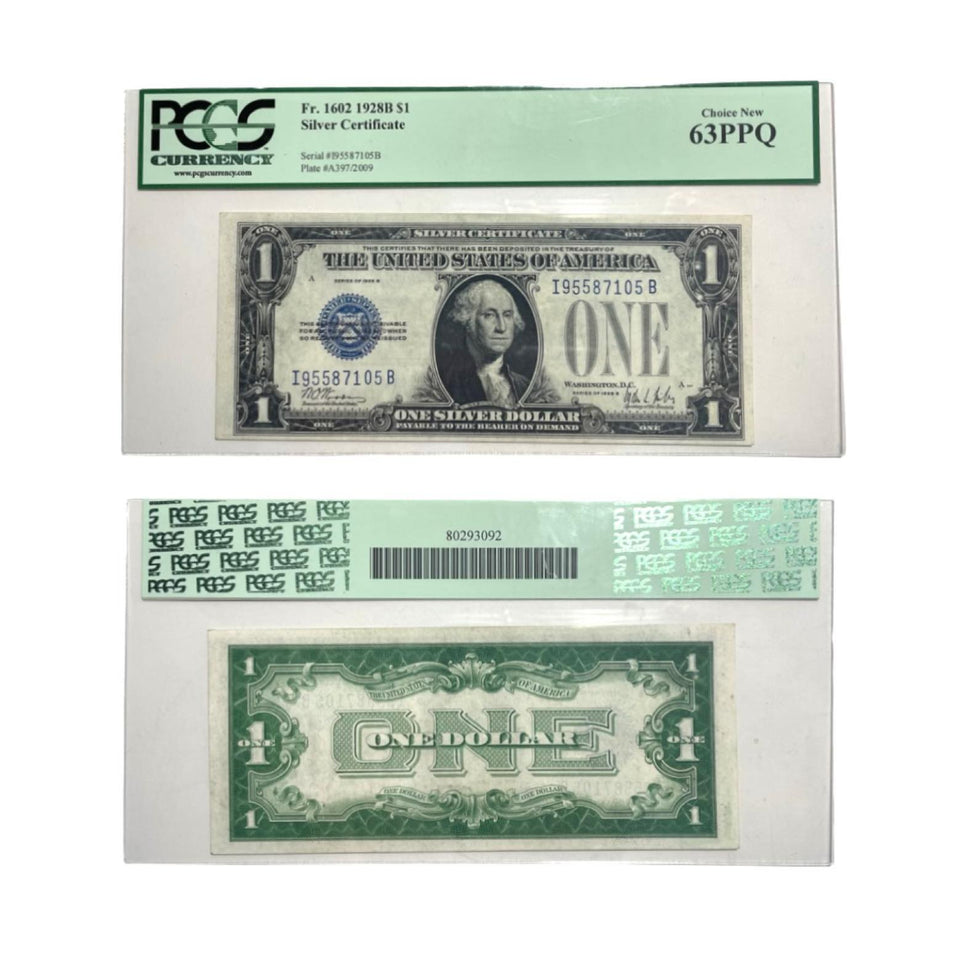 1928 -B Funny Back -Blue Seal Silver Certificate Dollar BillFr.1602 PCGS Choice New 63 PPQ-Rare