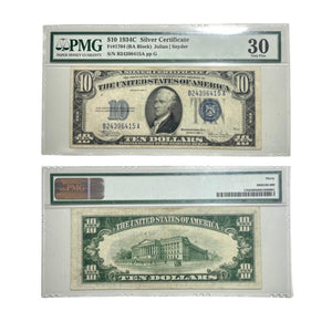 1934C (BA Block) Silver Certificate 10 Ten Dollar PMG VF30 Very Fine BLUE Seal