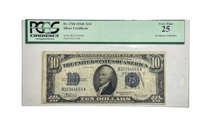 1934-C (BA Block) 10 Dollars Silver Certificate Blue Seal Note Fr. 1704 PCGS 25 S/N B32344668A