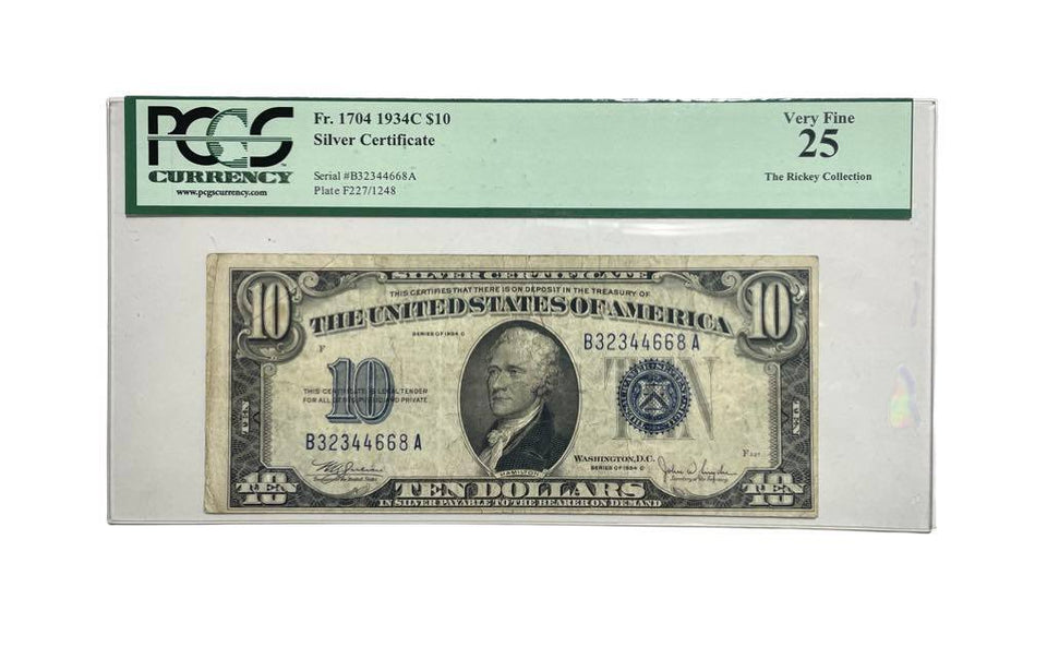 1934-C (BA Block) 10 Dollars Silver Certificate Blue Seal Note Fr. 1704 PCGS 25 S/N B32344668A