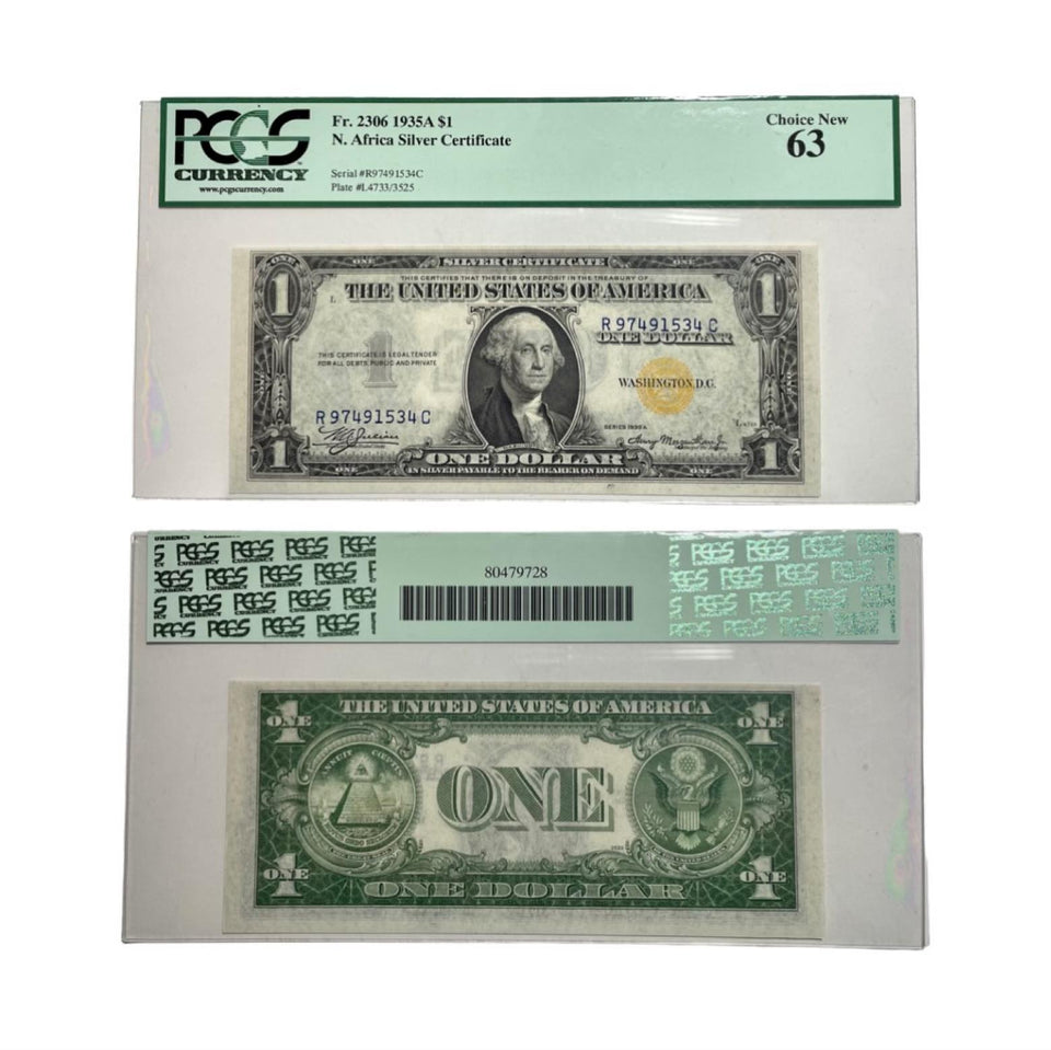 Certified 1935A North Africa Silver Certificate a One Dollar PCGS Fr.2306 Choice New 63 -Rare