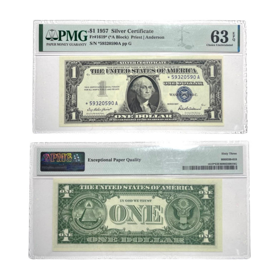 Star Note 1957 (*A Block) Silver Certificate Blue Seal Note Fr#1619 Choice UNC PMG 63EPQ