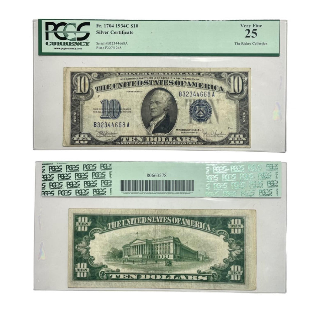 1934-C (BA Block) 10 Dollars Silver Certificate Blue Seal Note Fr. 1704 PCGS 25 S/N B32344668A