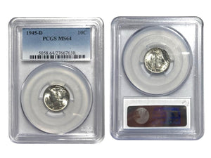 Certified 1945-D Liberty Mercury 90% Pure Silver Dime PCGS MS64-Rare