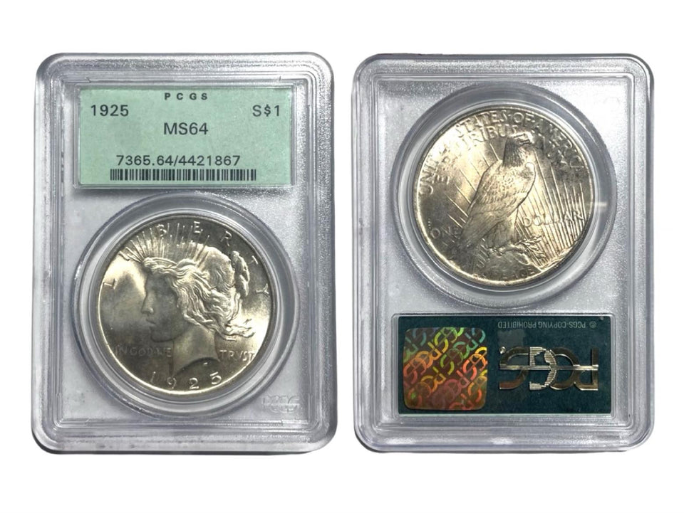 Certified 1925 Silver Peace Dollar Better Date OGH Old Green Holder PCGS MS 64-Rare