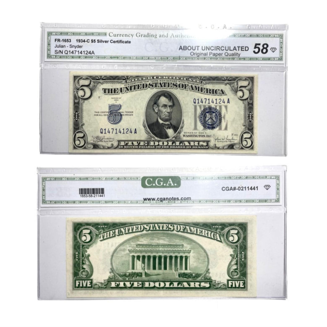 Certified 1934-C -Five Dollar Silver certificate Blue Seal Fr.1653 About Unc 58 S/NQ14714124A