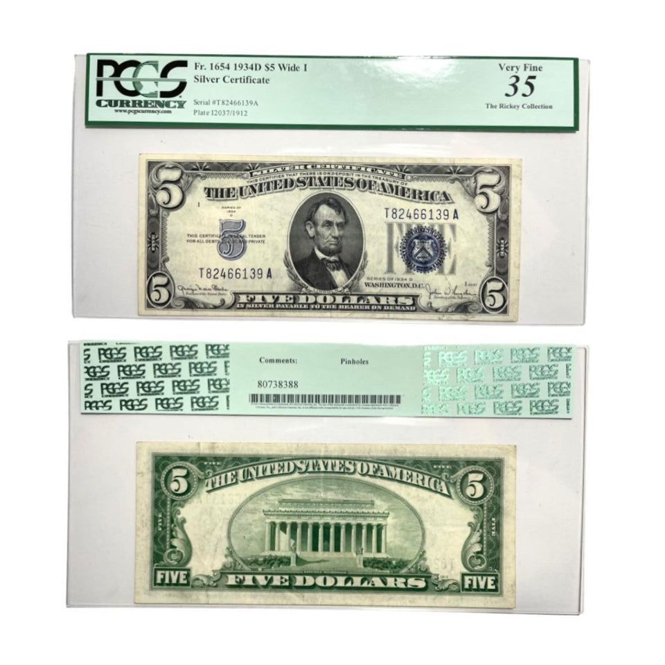 Certified 1934-D "WIDE I" -Five Dollar Silver certificate Blue Seal Fr.1654 PCGS VF35 Choice Very Fine