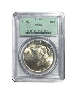 Certified 1925 Silver Peace Dollar Better Date OGH Old Green Holder PCGS MS 64-Rare