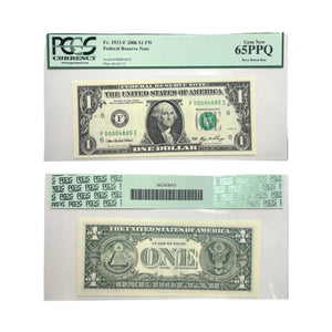 Certified-2006 $1 FW Fed Reserve Note Fr.1933F PCGS 65PPQ Boca Raton GEM NEW