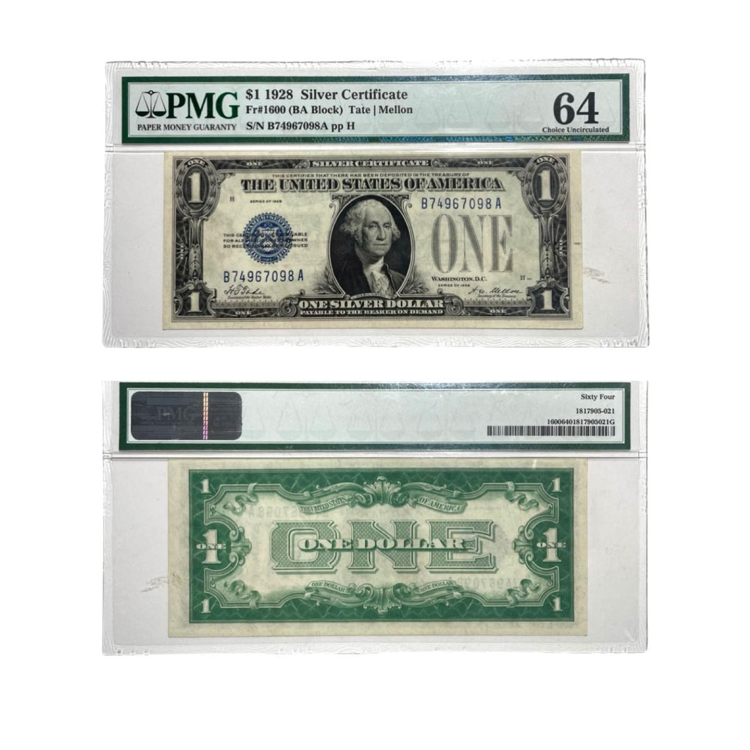 1928 -B (BA Block) Funny Back -Blue Seal Silver Certificate Dollar Bill Fr.1600 PMG Choice UNC 64 -Rare