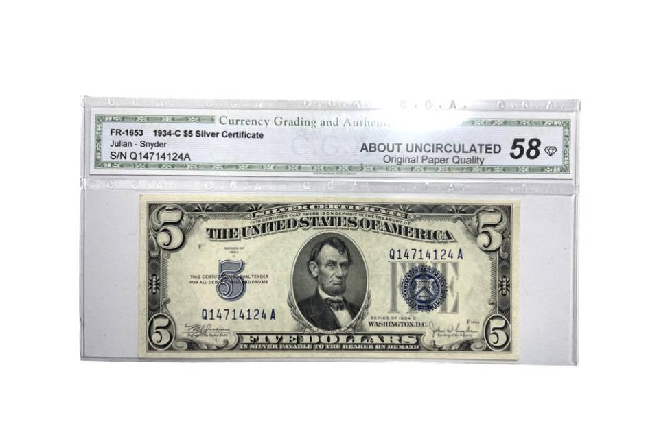 Certified 1934-C -Five Dollar Silver certificate Blue Seal Fr.1653 About Unc 58 S/NQ14714124A