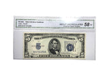 Certified 1934-C -Five Dollar Silver certificate Blue Seal Fr.1653 About Unc 58 S/NQ14714124A