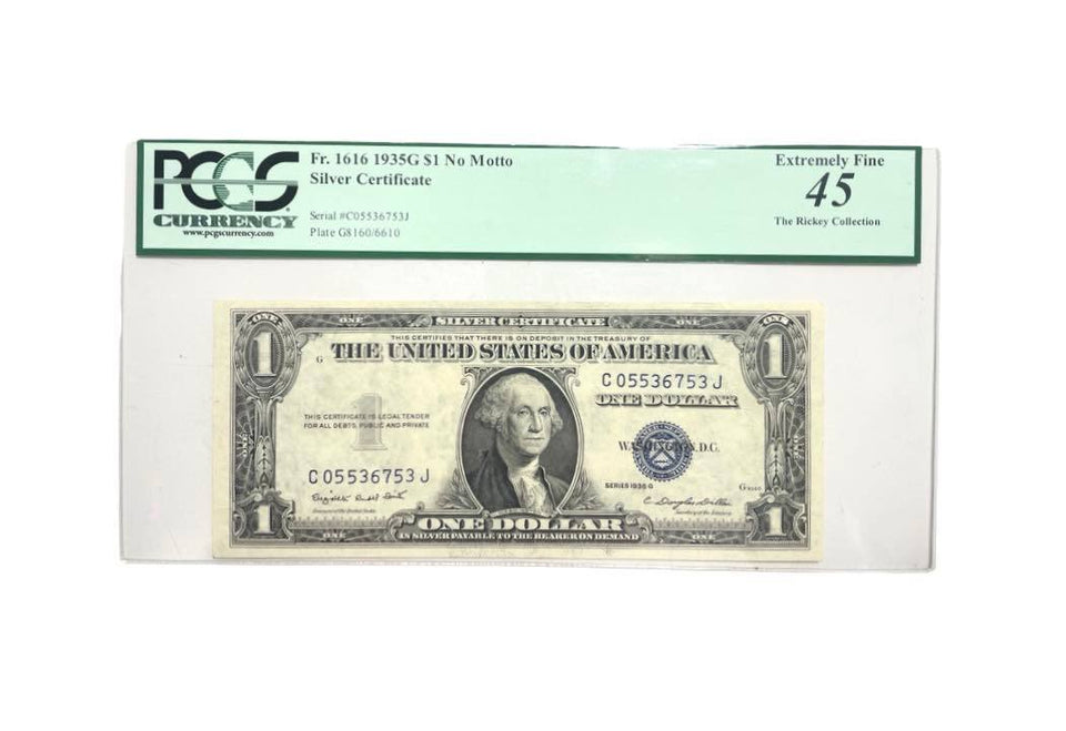 Certified 1935-G One dollar Silver Certificate Blue seal Fr. 1616 CJ Block PCGS 45 SN#C05536753J-Rare