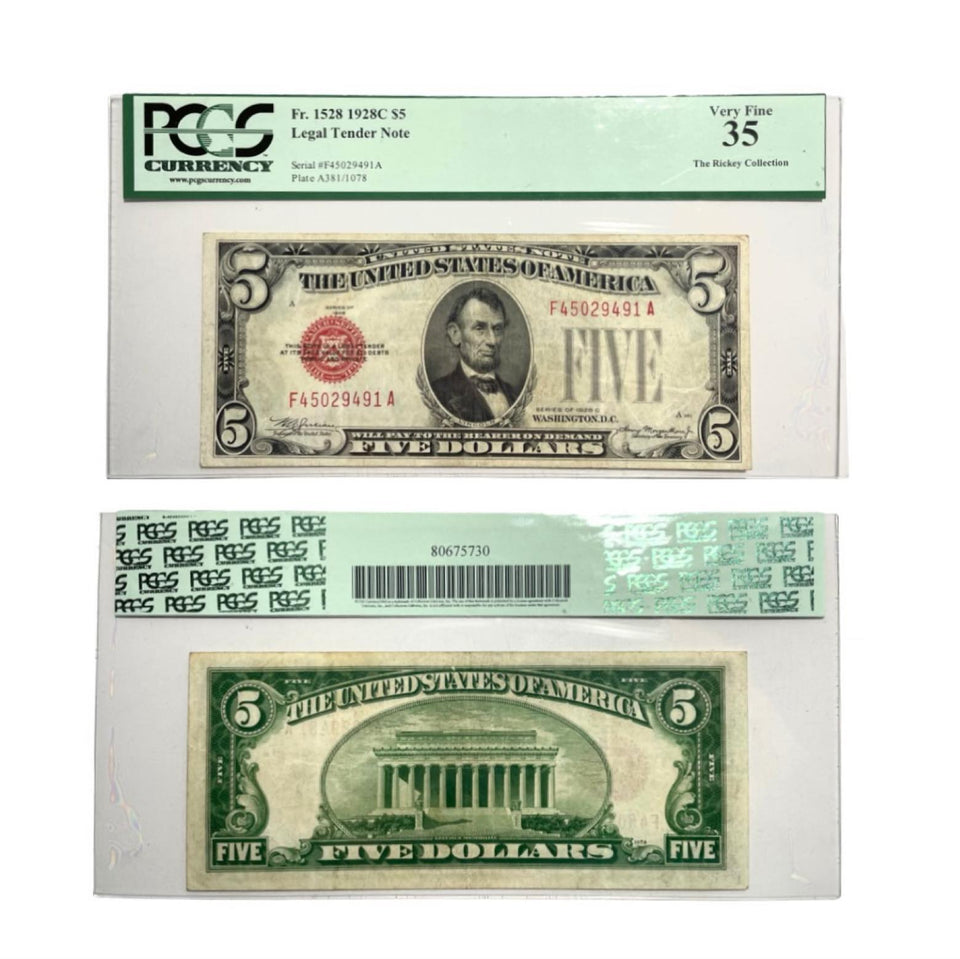 Series 1928-C Five Dollar Red Seal Legal Tender Note Fr. 1528 FA Block PCGS VF 35 -Rare