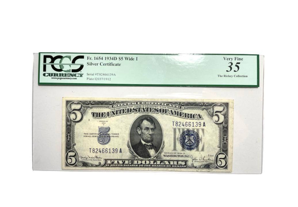 Certified 1934-D "WIDE I" -Five Dollar Silver certificate Blue Seal Fr.1654 PCGS VF35 Choice Very Fine