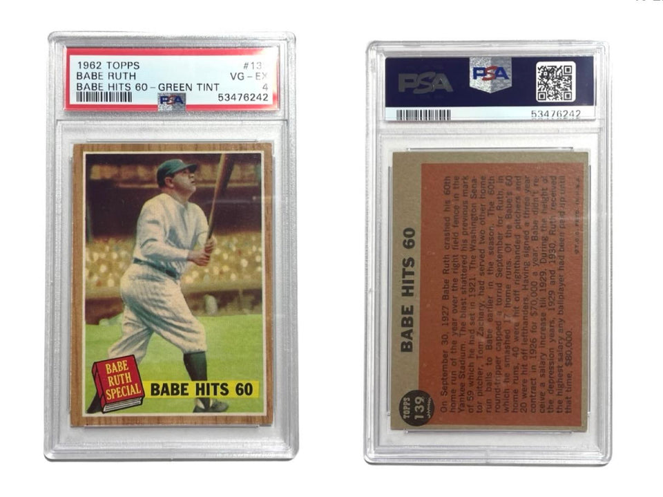 Original 1962 Topps Babe Ruth Hits 60 #139 Green Tint Variation PSA 4 VG-EX- Rare