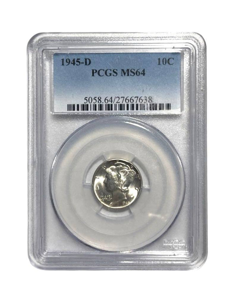 Certified 1945-D Liberty Mercury 90% Pure Silver Dime PCGS MS64-Rare