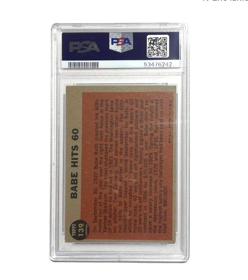 Original 1962 Topps Babe Ruth Hits 60 #139 Green Tint Variation PSA 4 VG-EX- Rare