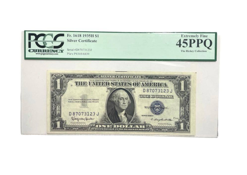 Certified 1935-H One dollar Silver Certificate Blue seal Fr. 1618 DJ Block PCGS 45 Serial D87073123J-Rare