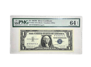 Certified 1957-B One dollar Silver Certificate Blue seal Fr. 1621 WA Block PMG 64 CH UNC