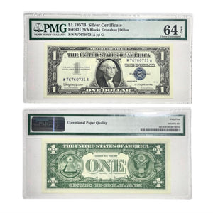 Certified 1957-B One dollar Silver Certificate Blue seal Fr. 1621 WA Block PMG 64 CH UNC