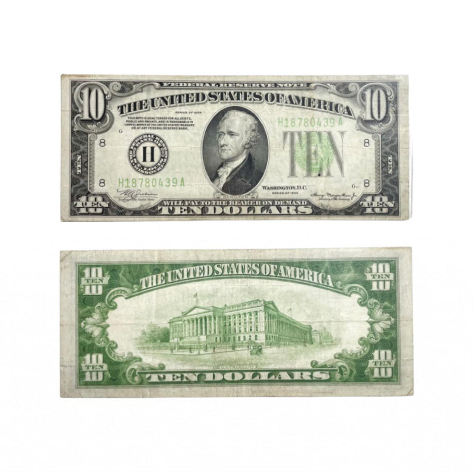 Series 1934 Ten Dollars Lime Green Seal Nice circulated Note VG/VF-Rare