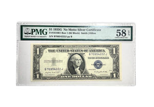 Certified 1935-G One dollar Silver Certificate Blue Seal Fr. 1616R1 Run 1 (BJ Block) PMG 58 Ch About UNC