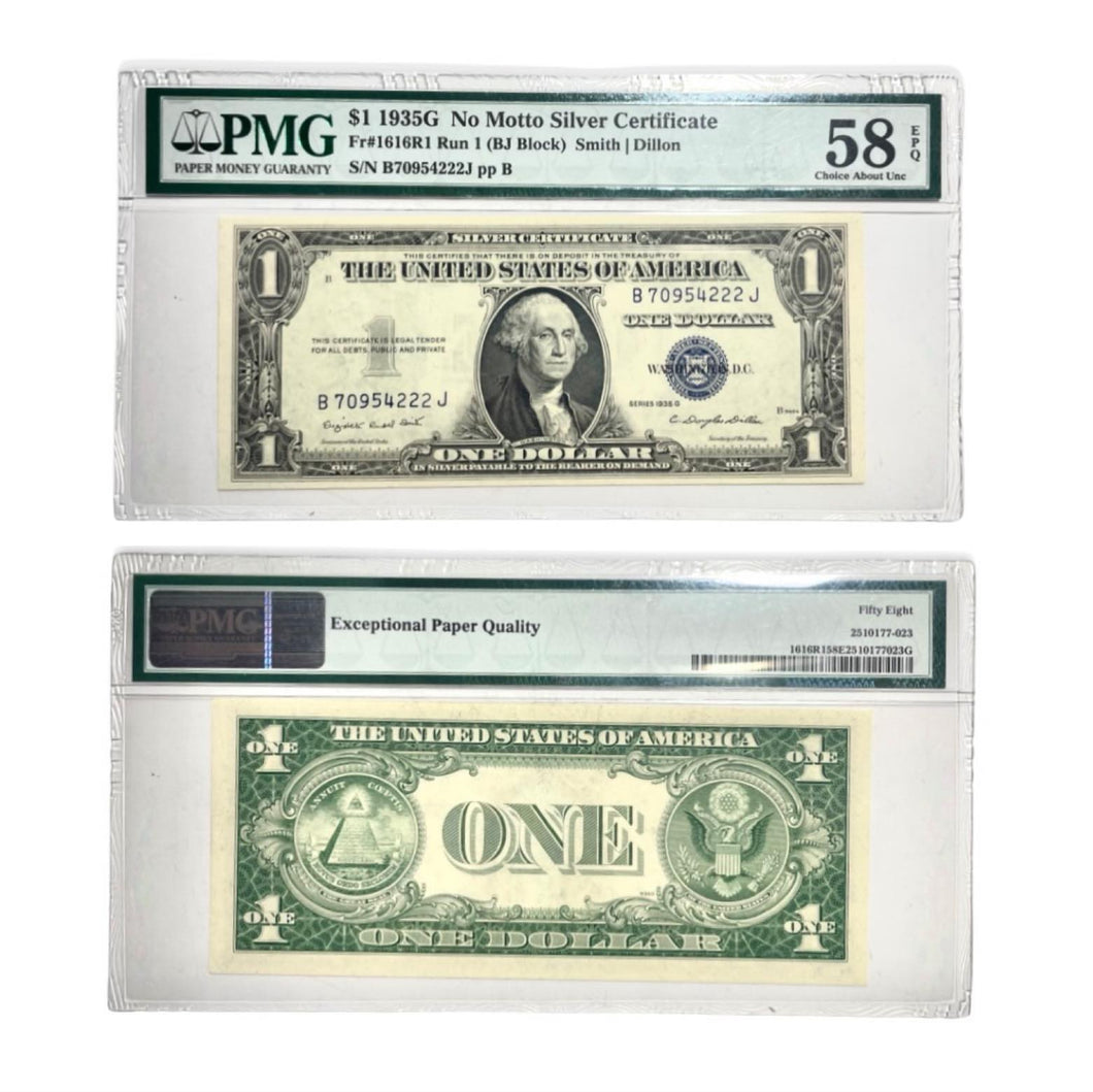 Certified 1935-G One dollar Silver Certificate Blue Seal Fr. 1616R1 Run 1 (BJ Block) PMG 58 Ch About UNC