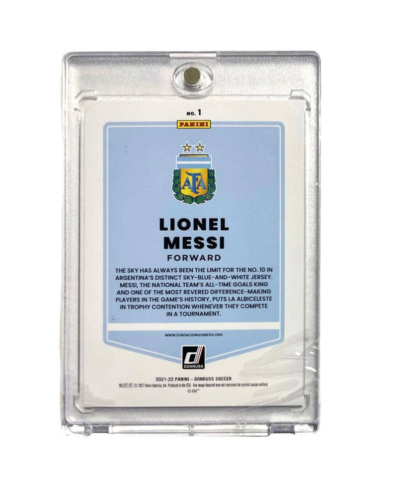 Lionel Messi Card #1 2021-22 Panini Donruss Road to Qatar FIFA W/C W/Holder