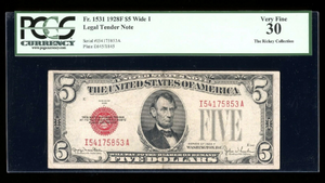 Series 1928-F $5 Red Seal Legal Wide I Fr. 1531 IA Block PCGS VF 30