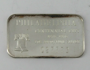 Vintage Philadelphia Centennial CITY 1 Troy oz 999 Silver bar small bell-Rare