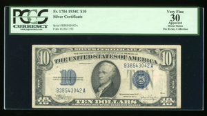 1934-C $10 Silver Certificate Blue Seal Note Fr. 1704 PCGS VF 30 Serial B38543042A