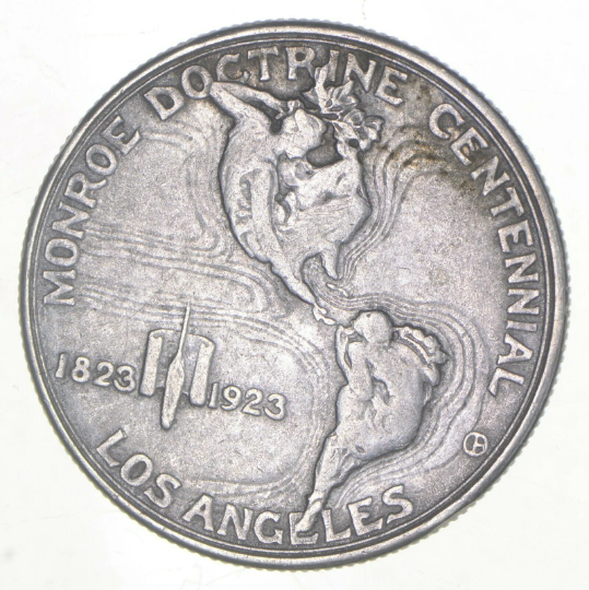 1923-S Monroe Adams Silver Half Dollar–Doctrine Centinail Los Angeles 1823-1923 VG-Rare