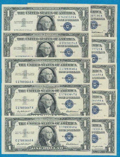 Lot of 10: 1957-A,B One Dollar Blue Seal Silver Certificate Brilliant Uncirculated (AU/BU)-Rare