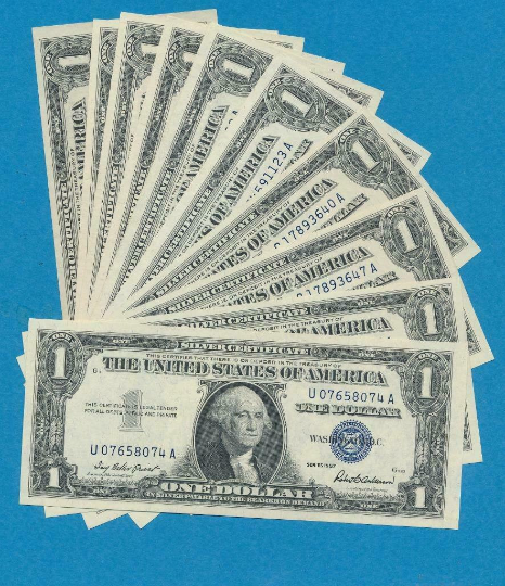 Lot of 10: 1957-A,B One Dollar Blue Seal Silver Certificate Brilliant Uncirculated (AU/BU)-Rare