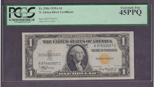 1935A Certified PCGS Extremely Fine 45 PPQ North Africa One dollar Silver Certificate-Rare