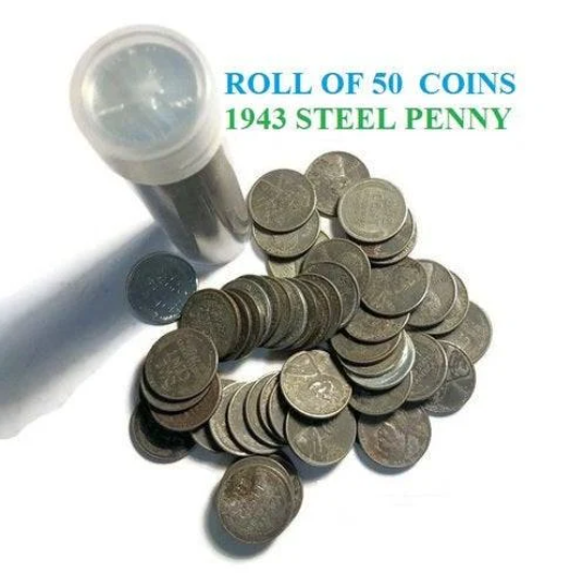 Roll of 50 Coins 1943 P D S Lincoln Cent WWII Steel Penny Emergency Issue mixed nice circulated- Rare