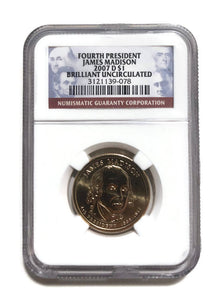 (1) 2007 P, D  JAMES  MADISON PRESIDENT DOLLAR,24K GOLD ENRICHED ,NGC BRILLIANT UNCIRCULATED BU